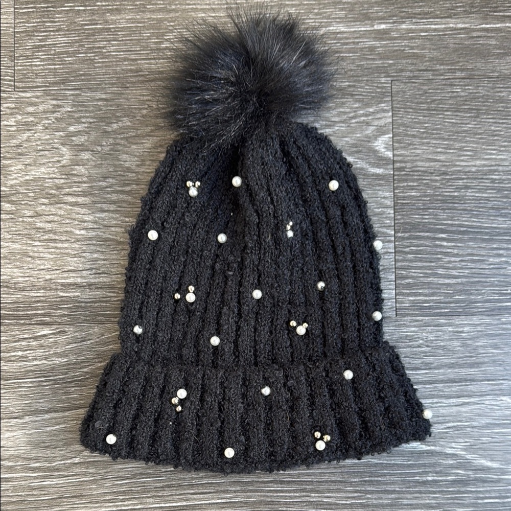 Black Knit Beanie with Pom and Pearls